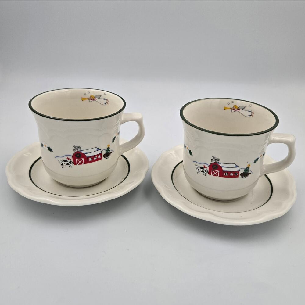 Two Pfaltzgraff Christmas Snow Village Stoneware Cup and Saucer Sets